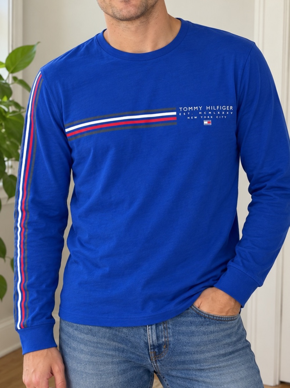 Tommy Hilfiger Royal Blue Long-Sleeve Tee with Red-White Stripes